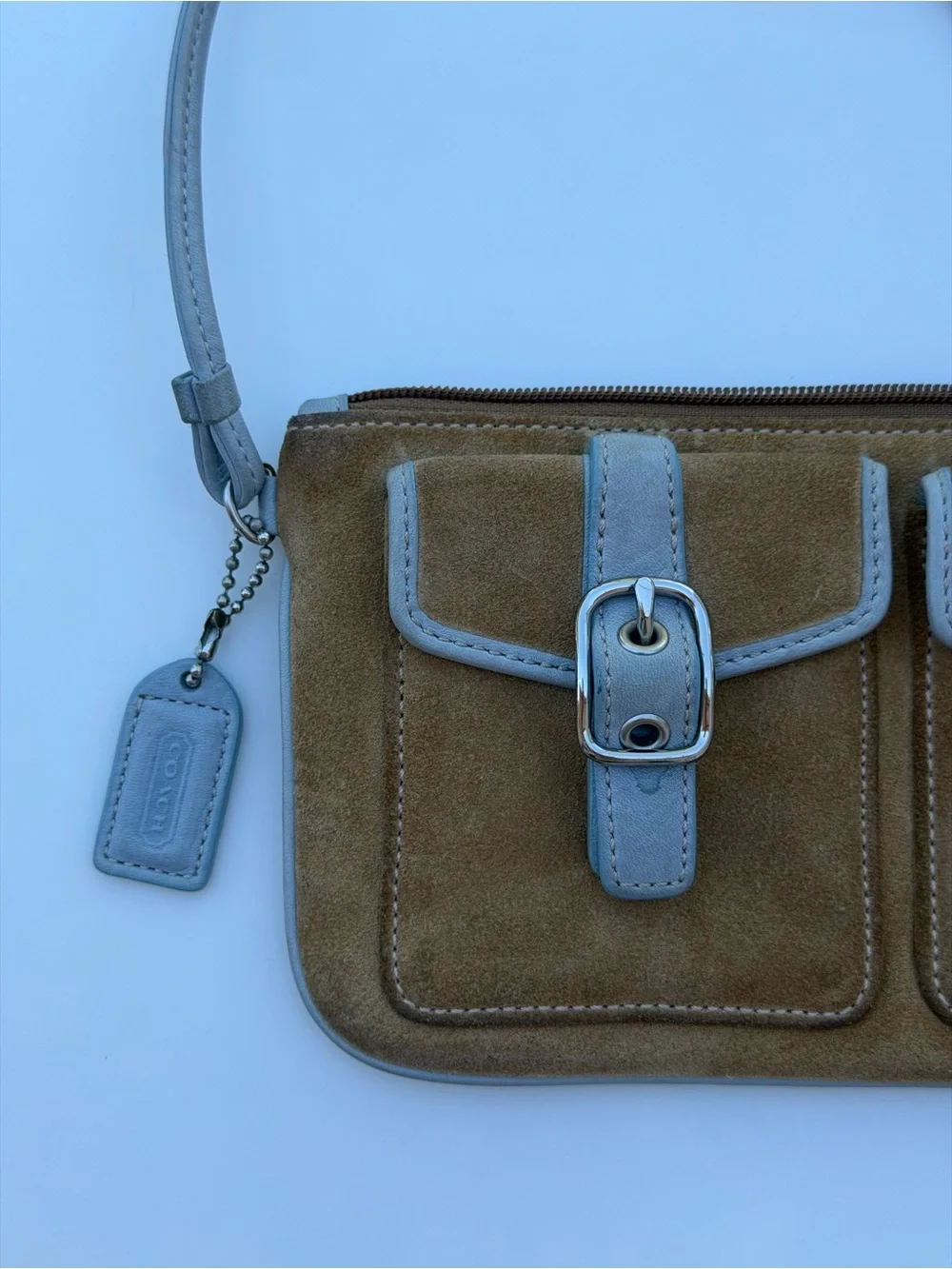 Coach Vintage Suede Y2K Cargo Pocket Wristlet Baguette Indie Sleaze Tan & Grey